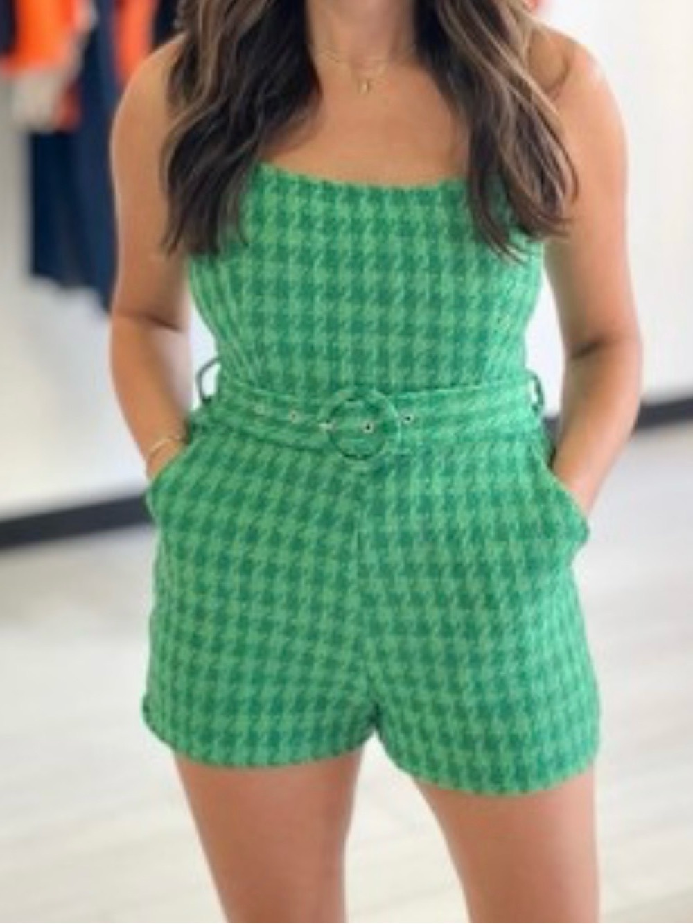 Day + Moon Women’s Alayna Green Woven Houndstooth‎ Tweed Belted Romper Sz M